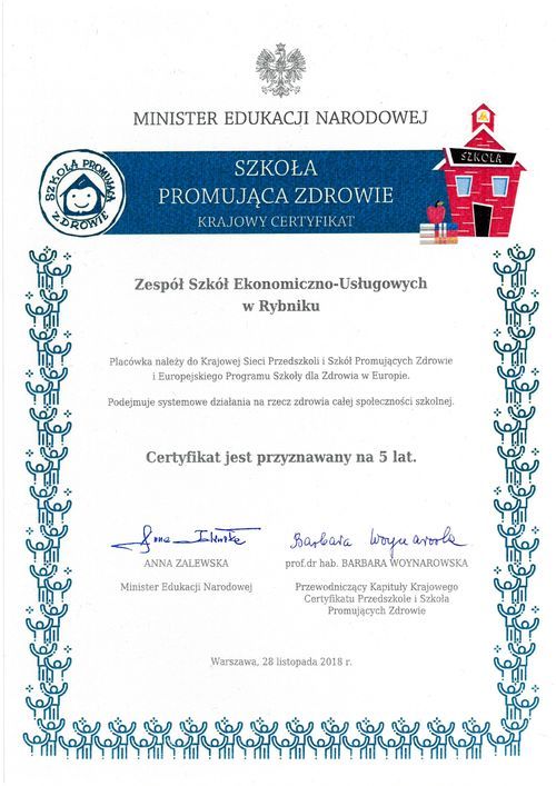 ZSE-U otrzymał Certyfikat „Szkoły Promującej Zdrowie”, Materiały prasowe