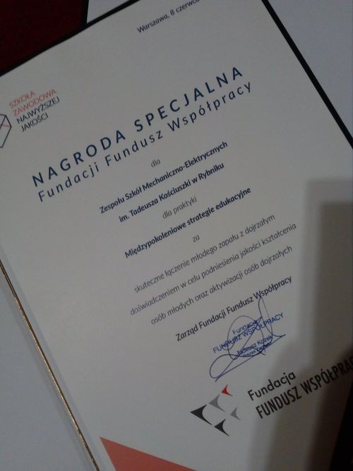 ZSM-E wyróżniony w konkursie „Szkoła zawodowa najwyższej jakości”, ZSM-E w Rybniku