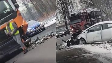 Mikołowska: osobówka zderzyła się z tirem (wideo)