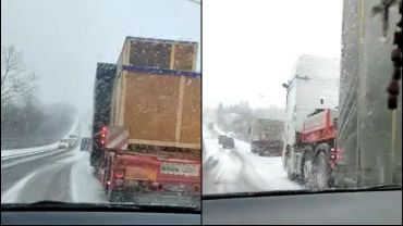 TIR-y blokują się na Wodzisławskiej. Opady śniegu znów sprawiają problemy kierowcom (wideo)
