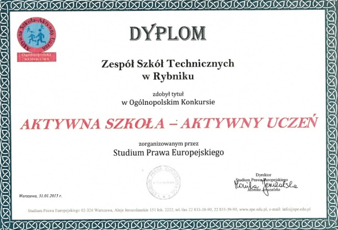 Certyfikat „Aktywna Szkoła – Aktywny Uczeń” dla Zespołu Szkół Technicznych , materiały prasowe