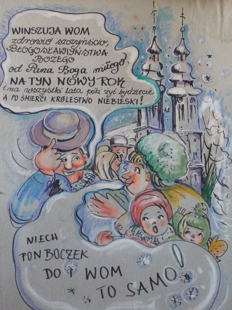 Scenka noworoczna namalowana przez regionalistkę Kazimierę Drewniok. W tle wieże kościoła w Radlinie.